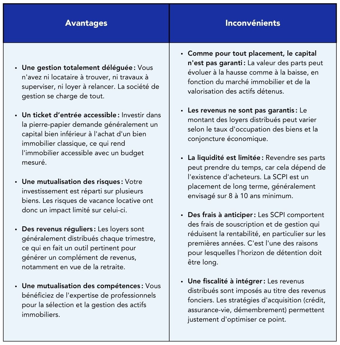 Tableau comparatif des avantages et inconvénients de l'investissement en SCPI